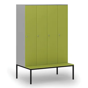 Drewniana szafa ubraniowa z ławką, 4-drzwiowa, 1871 x 1200 x 500/800 mm, zamek cylindryczny, szary/zielony - Szafy biurowe - miniaturka - grafika 1