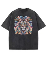 Koszulki i topy damskie - Damska koszulka oversize efekt sprania Artystyczny Kolorowy Lew Czarna S - miniaturka - grafika 1