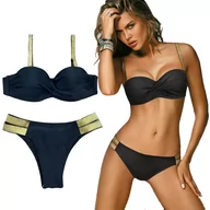 Stroje kąpielowe - STRÓJ KĄPIELOWY CZARNY ZŁOTE PASY PUSH UP L 40 - miniaturka - grafika 1