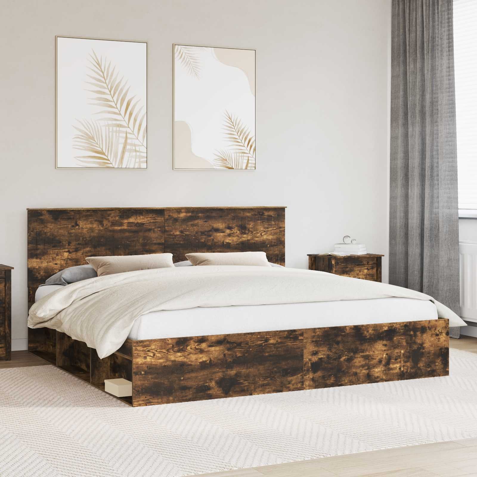 vidaXL Ramka łóżka Wędzony dąb 200 x 200 cm Lite drewno sosnowe