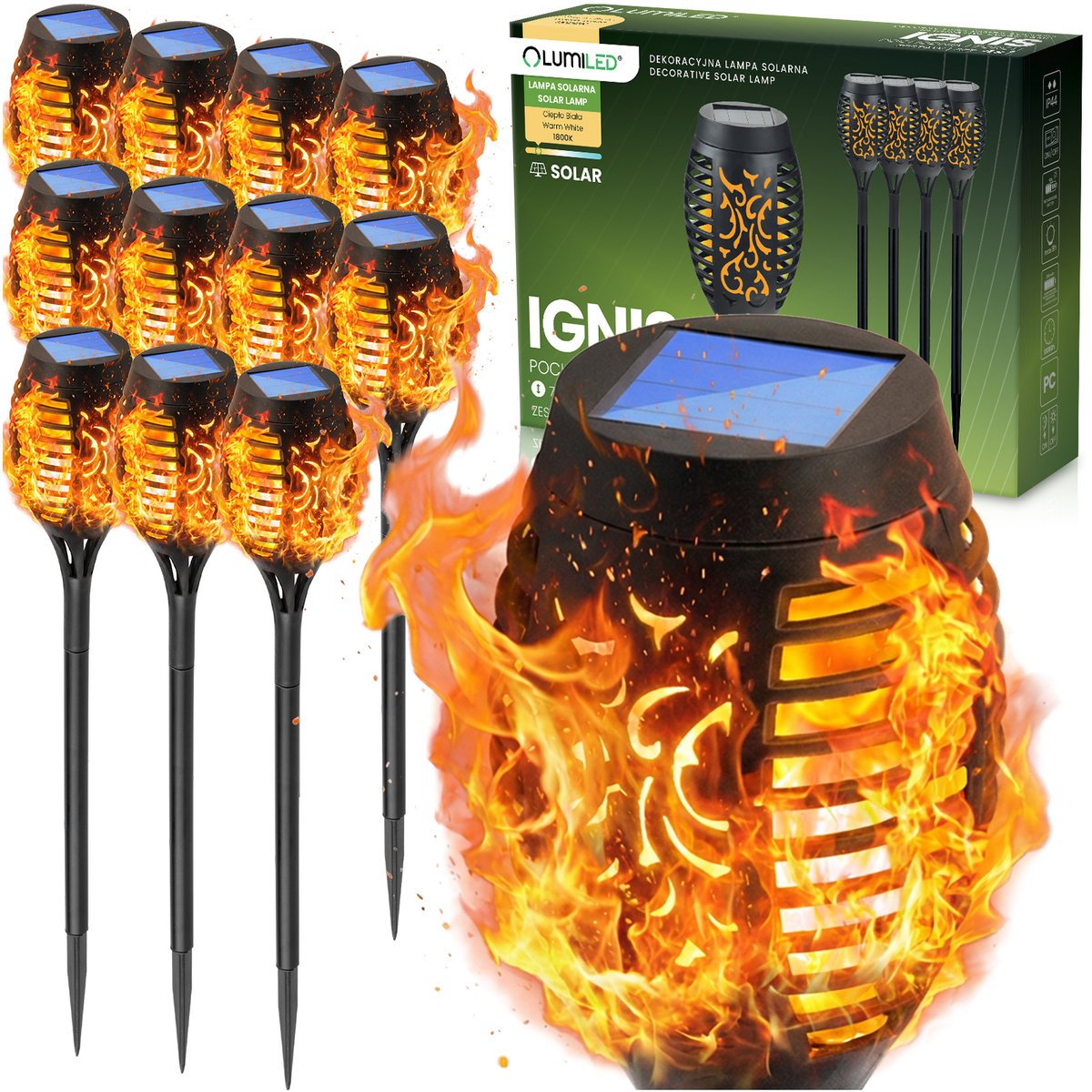 Lumiled 12x Lampa Solarna Ogrodowa LED IGNIS Wbijana Pochodnia Efekt Płomienia
