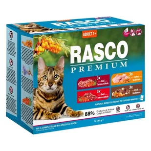 RASCO Premium wolowina, cielecina, indyk, kaczka fileciki w sosie 12x85g saszetka dla kota (1703-13198) - Mokra karma dla kotów - miniaturka - grafika 1