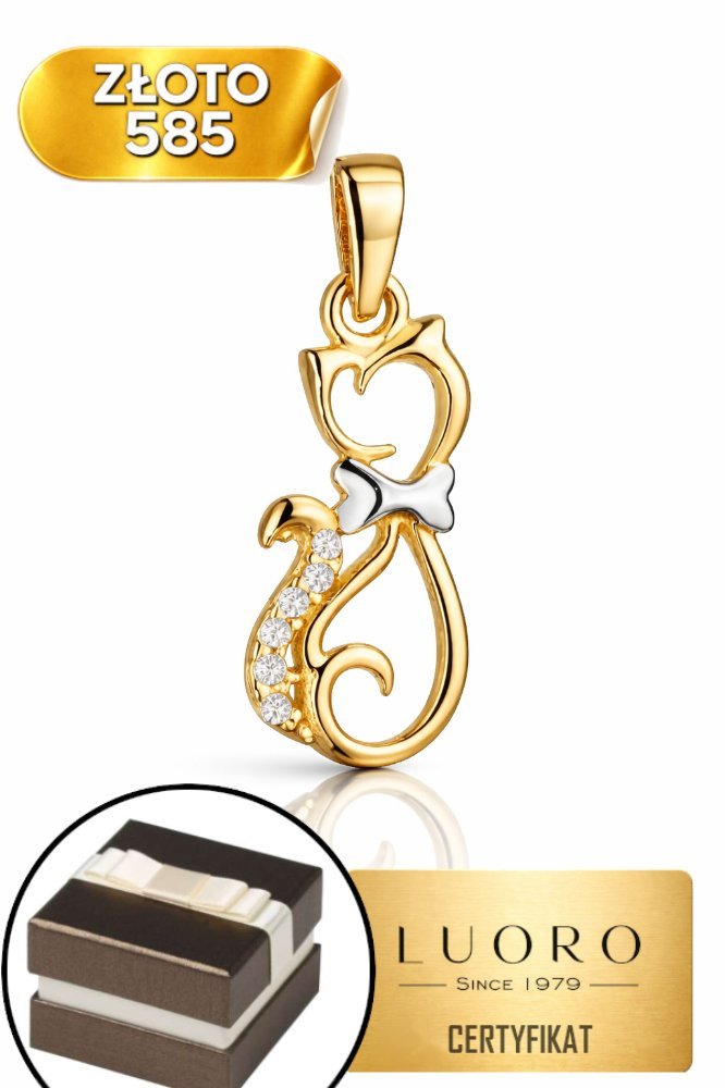ZAWIESZKA ZŁOTA 585 14K KOTEK Z CYRKONIAMI BIAŁE ZŁOTO 20 MM ELEGANCKA