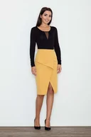 Spódnice - Żółta Spódnica Ołówkowa Midi z Kopertowym Założeniem - miniaturka - grafika 1