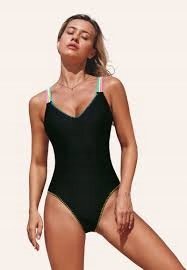 Czarny, jednoczęściowy, z okrągłym dekoltem i kolorowymi paskami