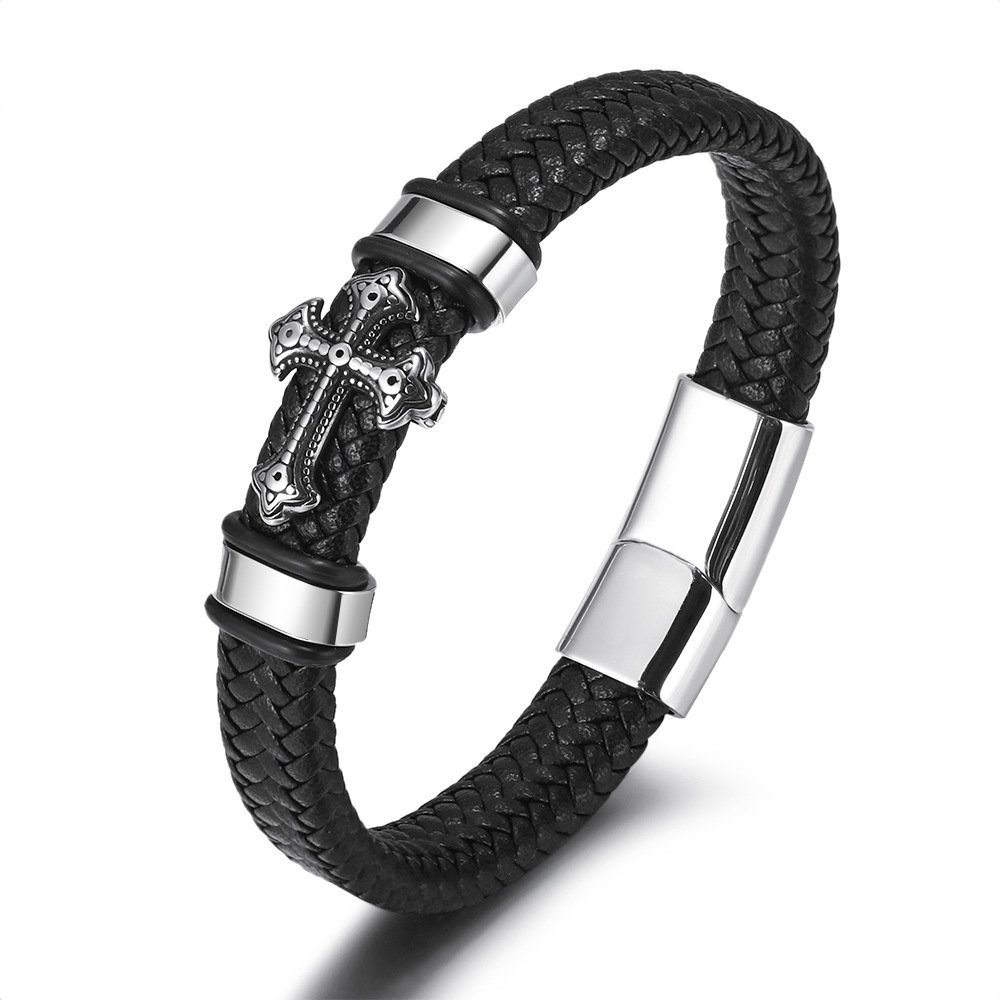 Bransoletka meska skorzana krzyz stal 316L prezent 21cm