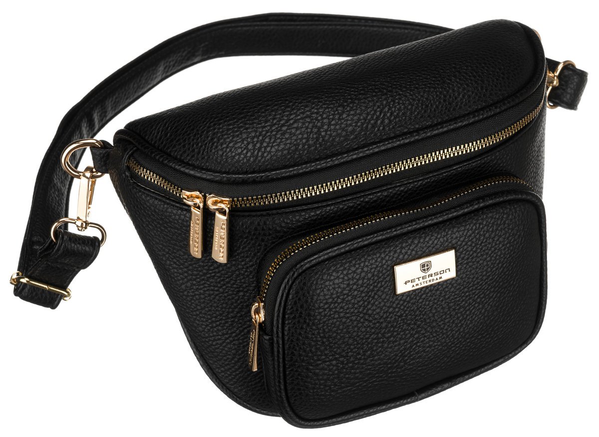 Saszetka nerka damska czarna PETERSON mała miejska na ramię lub przez biodra listonoszka kieszonki na drobiazgi telefon złote okucia odpinany pasek ..