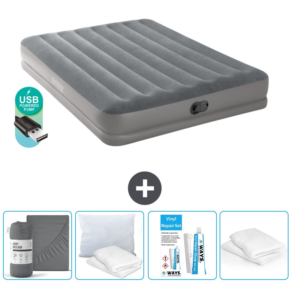 Łóżko powietrzne Intex - 2 osoby - 152 x 203 x 30 cm - Szare - Z pompką - Prześcieradło - Całowanie - Zestaw naprawczy en Ochraniacz na poduszkę