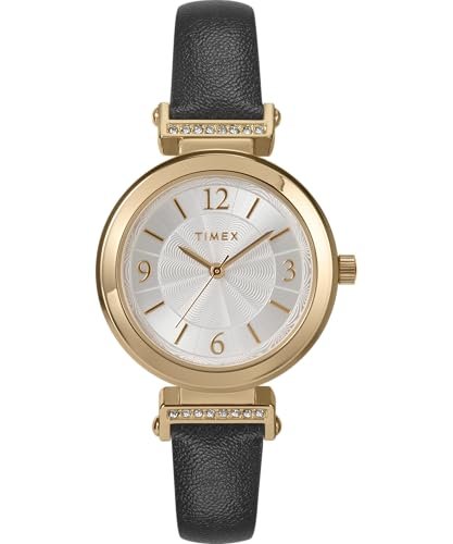 Timex Zegarek Damski Main Street 31 mm, Czarny Skórzany Pasek, Srebrna Tarcza, Złota Obudowa TW2W96400