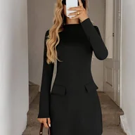 Sukienki - TEMU Elegancka Sukienka Mini A-Line z Kołnierzykiem Stojącym i Krótką Fałszywą Kieszenią - Czarna Sukienka Długim Rękawem, Średnio Elastyczna na - miniaturka - grafika 1