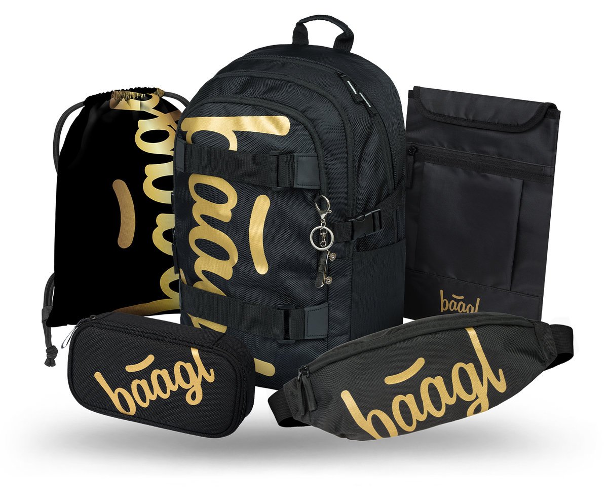 Zestaw Szkolny 5w1 BAAGL Plecak szkolny Skate Gold Ergonomiczny 25L 29x43x20 cm Czarny dla chłopca + Piórnik, Worek na buty, Nerka, Etui na laptopa