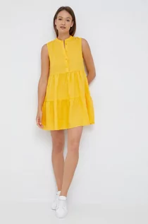 Sukienki - Sisley sukienka lniana kolor żółty mini rozkloszowana - grafika 1