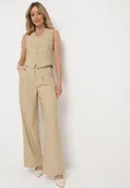 Komplety damskie - Beżowy Komplet w Garniturowym Stylu Kamizelka i Szerokie Spodnie Miradella - miniaturka - grafika 1