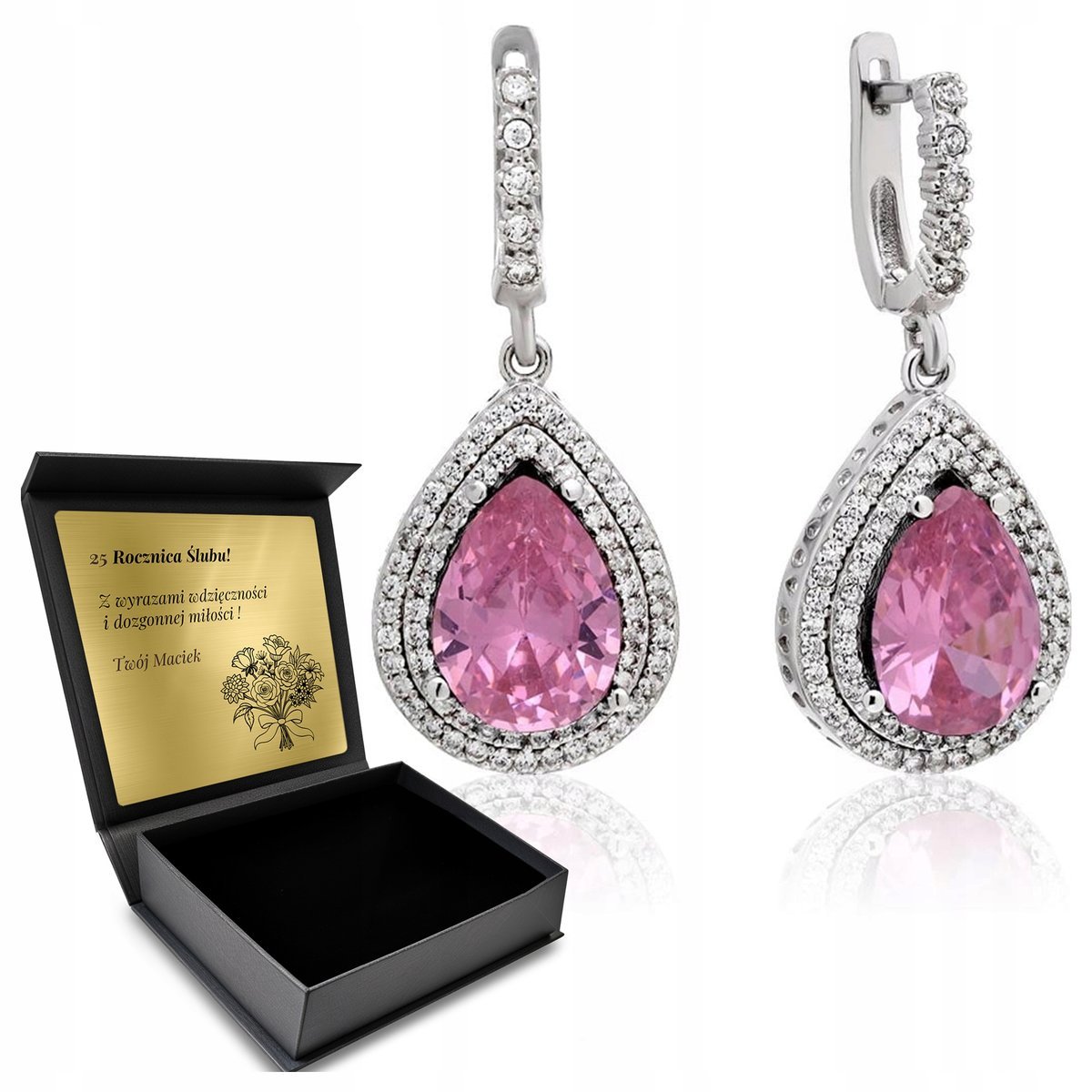 Kolczyki Srebrne 925 Cyrkonie Topaz Biżuteria Dla Kobiety + Grawer