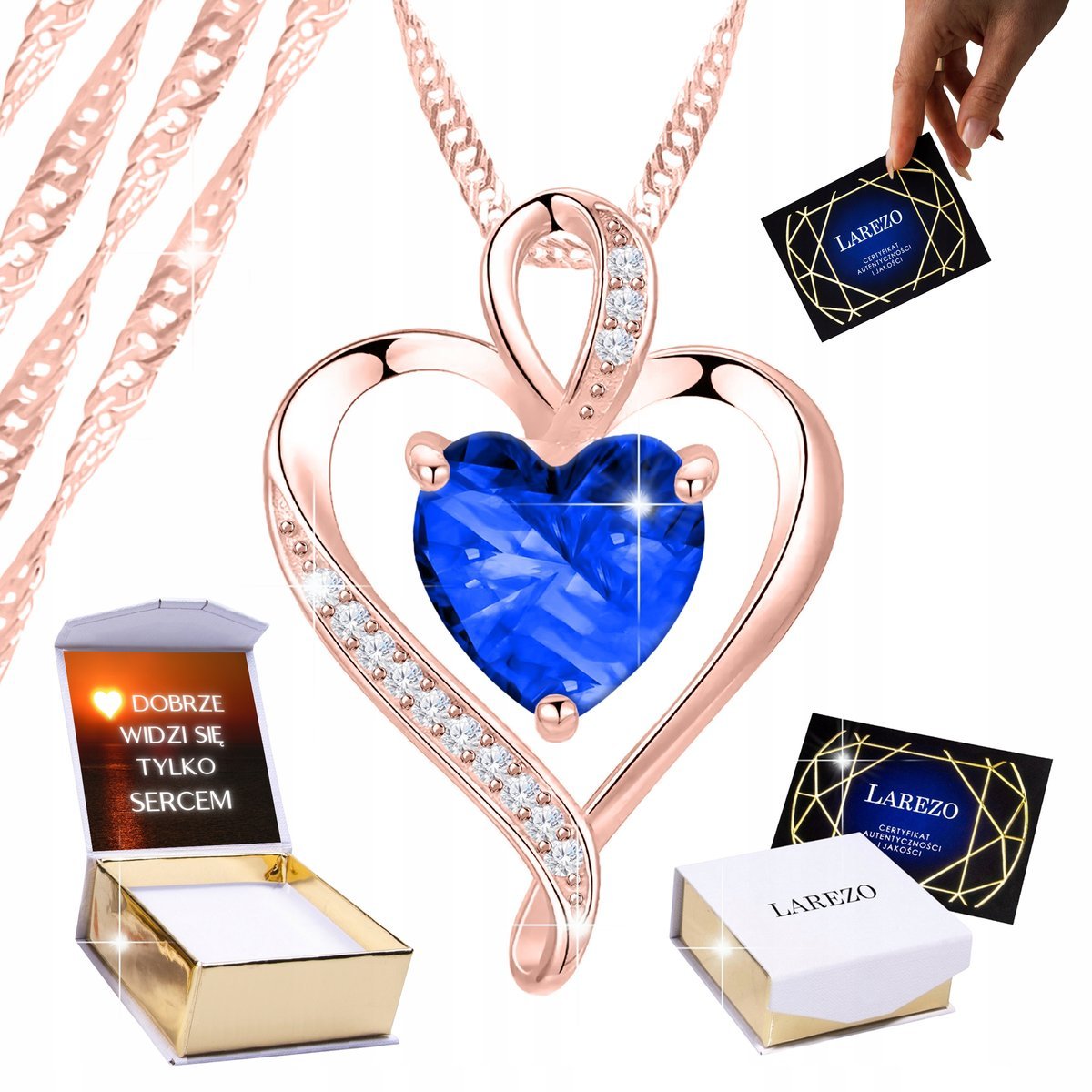 Naszyjnik Pozłacany 18K Niebieskie Kryształowe Serce Love Serduszko NADRUK