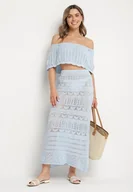 Komplety damskie - Jasnoniebieski Haftowany Komplet z Bawełną Top Typu Hiszpanka i Spódnica Folidra - miniaturka - grafika 1