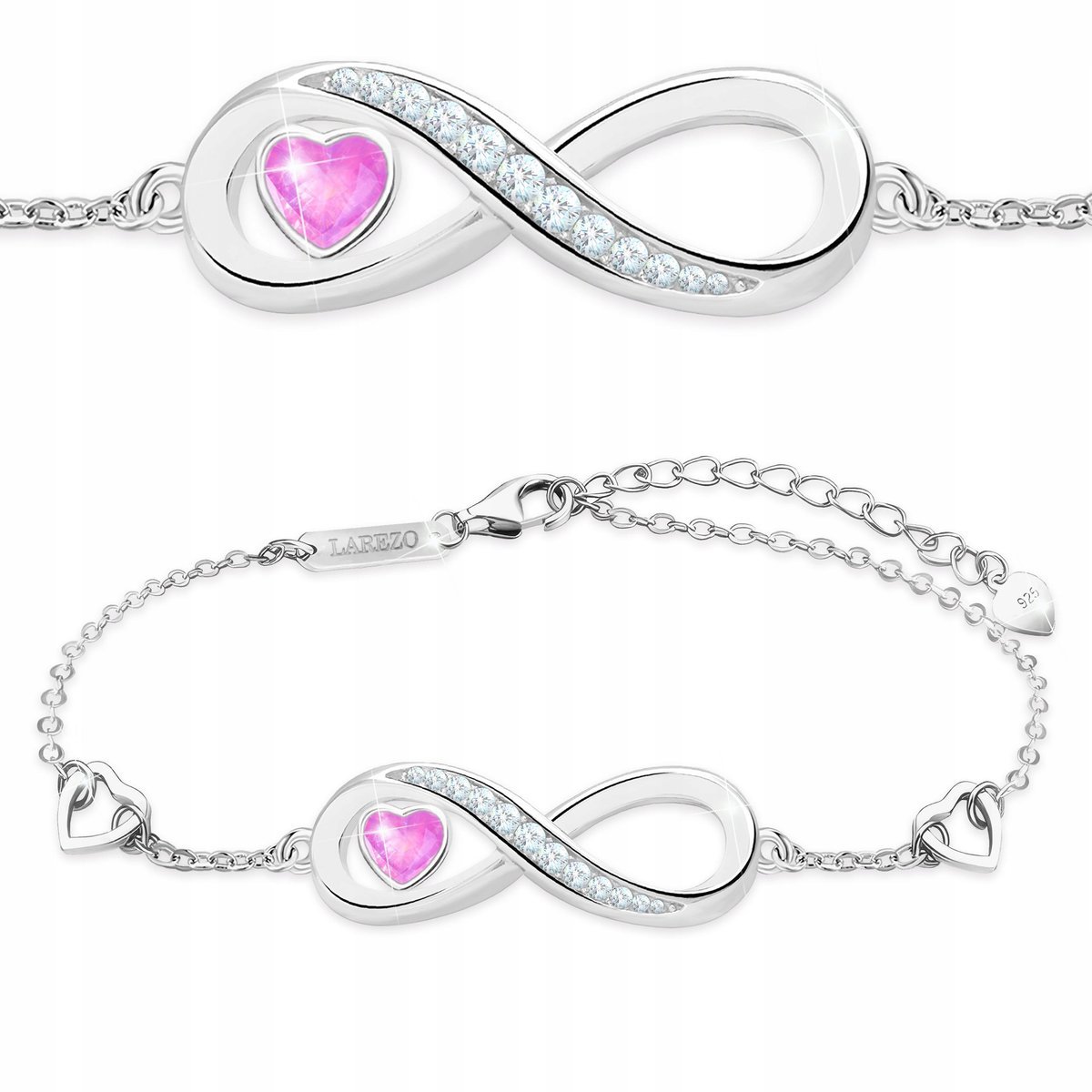 Bransoletka Srebrna Różowe Serce z Nieskończonością Cyrkoniami SREBRO 925