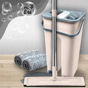 Miotły, szufle, mopy - MOP PŁASKI Z WYCISKACZEM DWUKOMOROWYM DWA WKŁADY MIKROFIBRA ZESTAW WIADRO - miniaturka - grafika 1