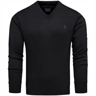 Swetry męskie - Sweter męski kołnierzyk v-neck w serek bawełniany czarny M - miniaturka - grafika 1