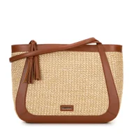 Torebki damskie - Damska shopperka z ekoskóry i plecionki beżowo - brązowa - miniaturka - grafika 1