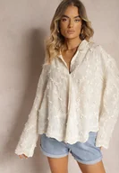 Koszule damskie - Beżowa Koszula z Dodatkiem Bawełny o Trapezowym Kroju Ozdobiona Haftem Elidra - miniaturka - grafika 1