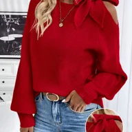 Swetry damskie - TEMU Elegancki damski sweter asymetryczny z kokardą - bluzka z długim rękawem i okrągłym dekoltem, czerwony sweter w jednolitym kolorze na zimę, - miniaturka - grafika 1