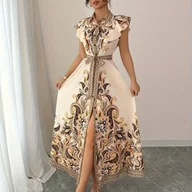 Sukienki - TEMU Sukienka Bez Rękawów z Wiązaniem w Talii i Falbankami – Boho Casual na Wakacje dla Kobiet - miniaturka - grafika 1