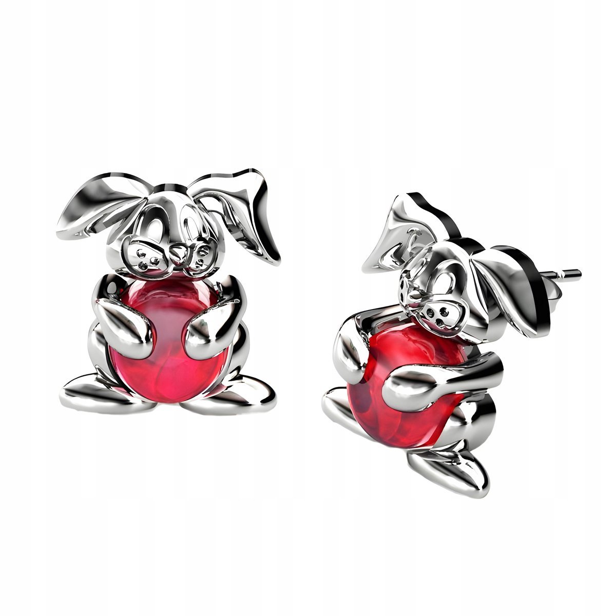 Kolczyki srebrne pr. 925 z Czerwonym Kamieniem Króliki Zajączki Sztyfty