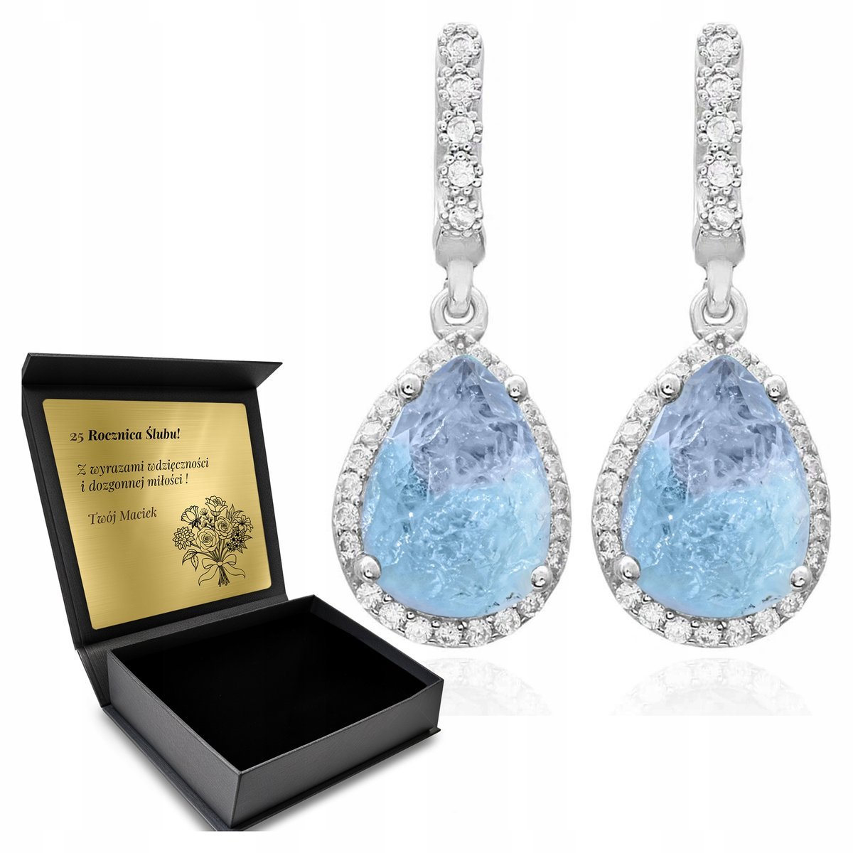 Kolczyki Srebrne 925 Cyrkonie I Turmalin Biżuteria Dla Kobiety + Grawer