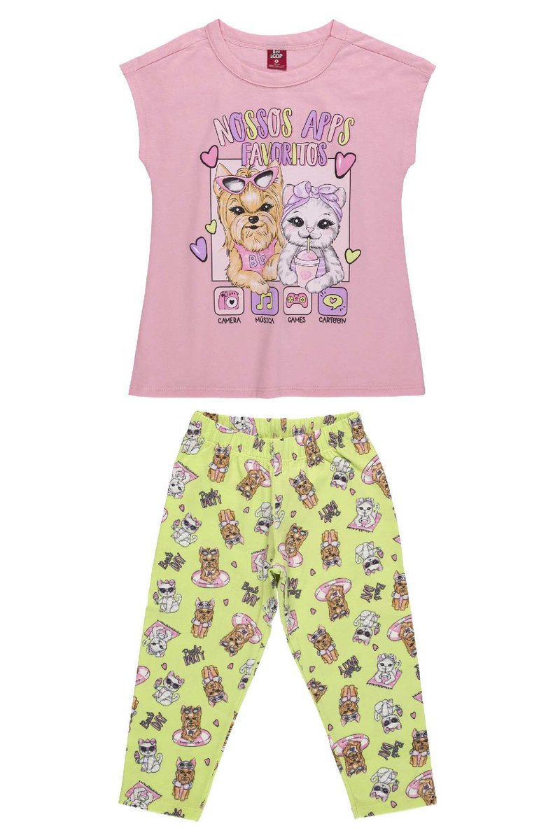 Komplet dziewczęcy, bluzka z krótkim rękawem i legginsy 3/4, różowy/Bee Loop