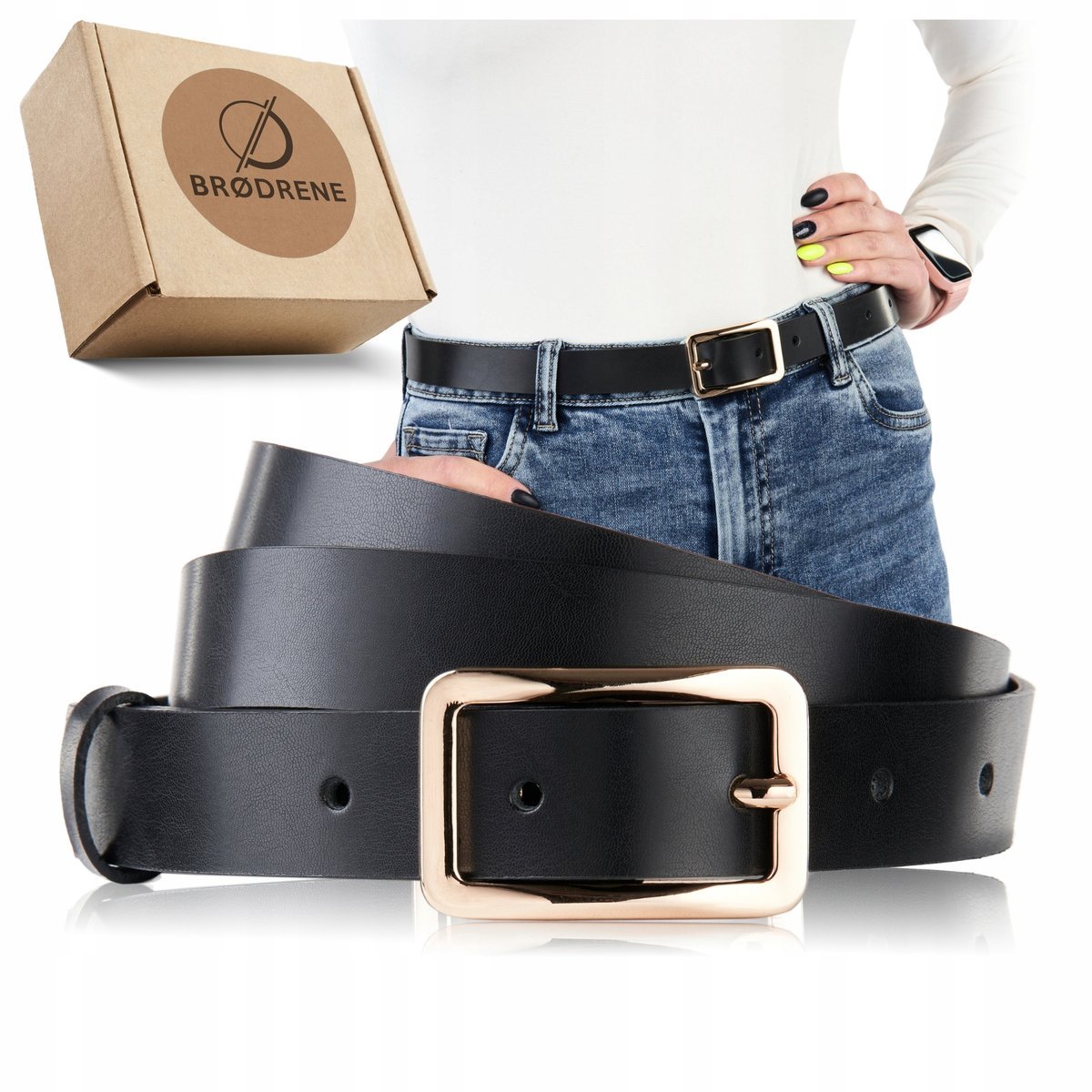 Pasek Skórzany Damski Modny Długi Czarny ze Złotą Klamrą do Spodni 130cm