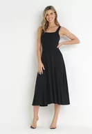 Sukienki - Czarna Rozkloszowana Sukienka Midi na Szerokich Ramiączkach z Okrągłym Dekoltem Zateni - miniaturka - grafika 1