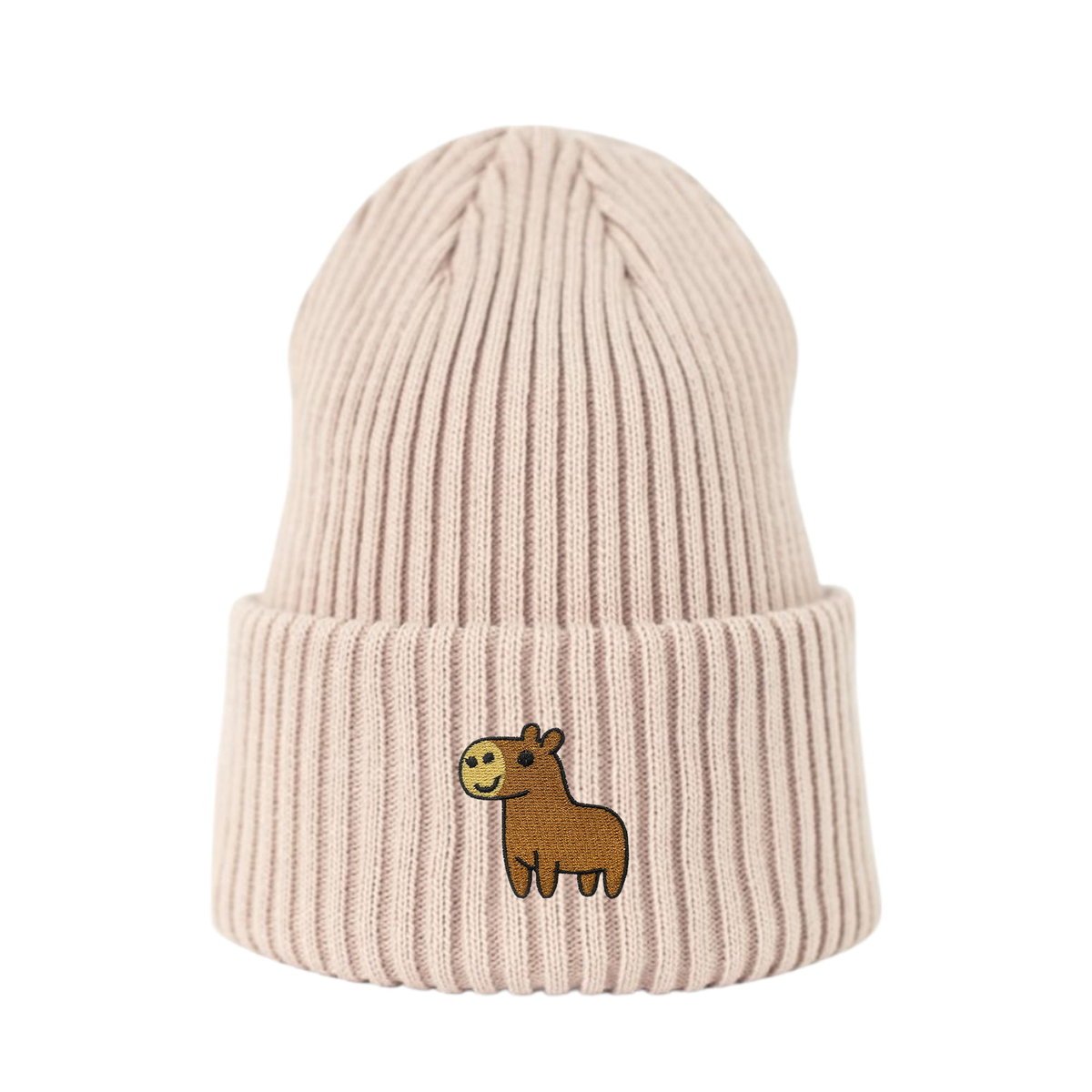 Haftowana czapka beanie - KAPIBARA - beżowa