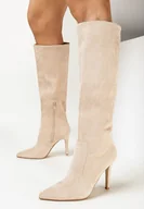 Kozaki damskie - Beżowe Kozaki na Szpilce ze Szpiczastym Noskiem Velvita - Born2be - miniaturka - grafika 1