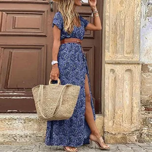 Luźna długa sukienka na krótki rękaw w stylu boho - Niebieski - Sukienki - miniaturka - grafika 1