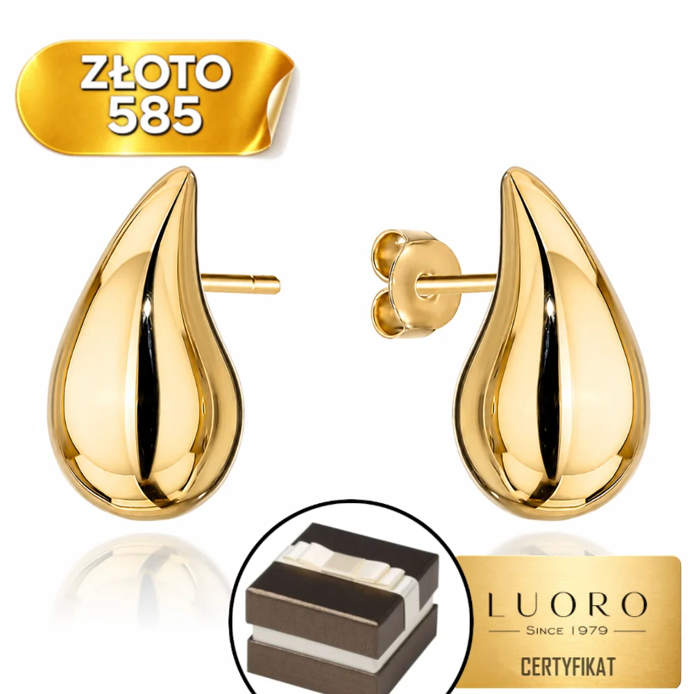 KOLCZYKI ZŁOTE 585 14K KROPLE DUŻE SZTYFT ELEGANCKIE 20 MM PREZENT