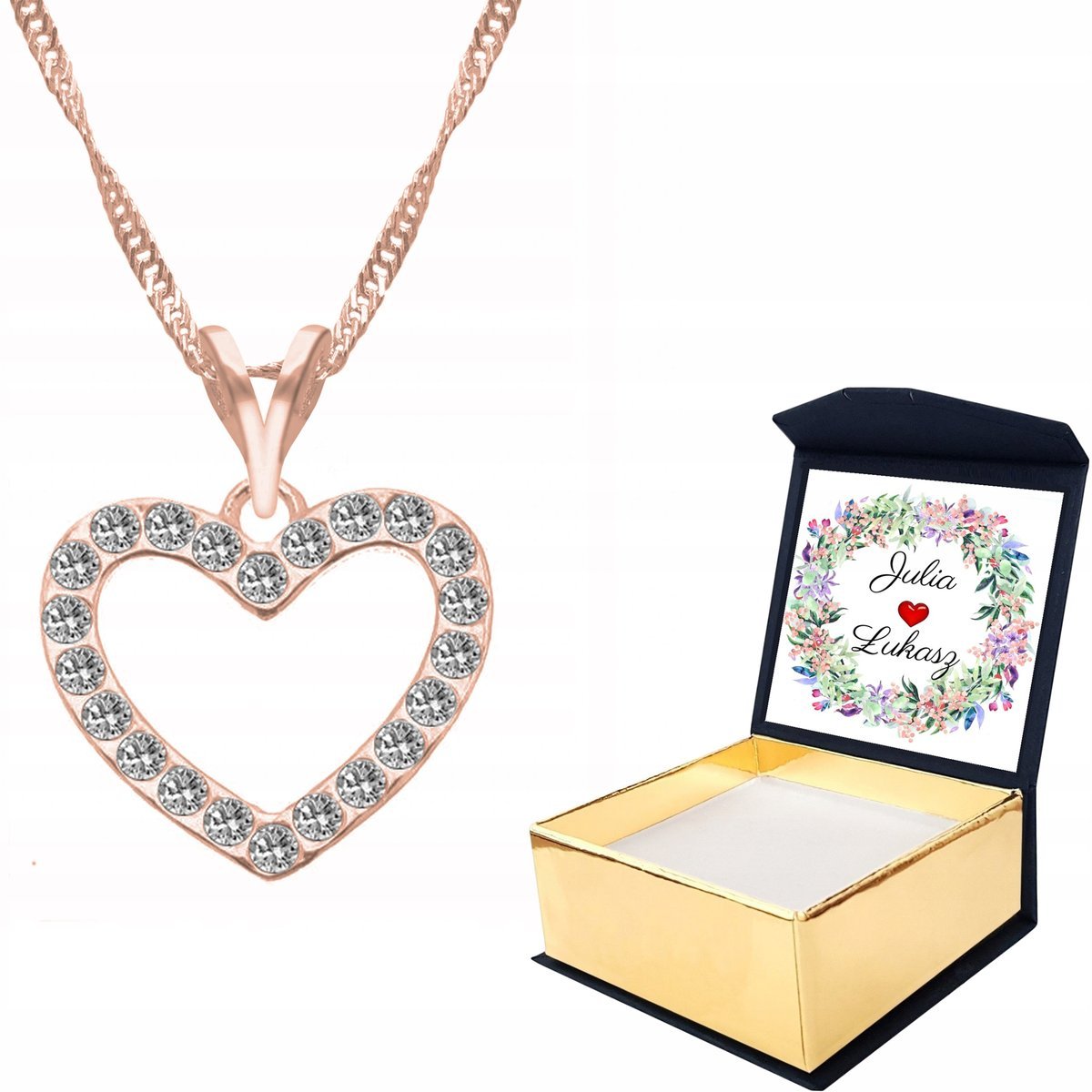 Naszyjnik różowe złoto 925 Serce + WŁASNY NADRUK