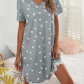 Inne - Sukienka nocna damska z nadrukiem serca, z koronkową lamówką, krótki rękaw, luźny krój, wygodna koszula nocna - miniaturka - grafika 1