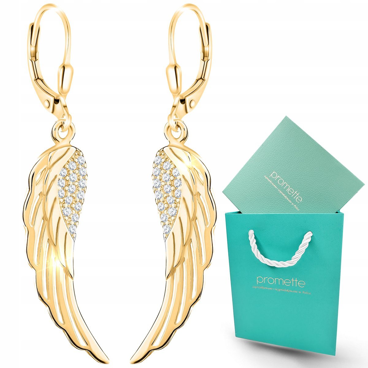 Kolczyki złote wiszące skrzydła anioła srebro pozłacane 925