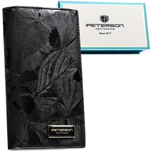 Elegancki portfel damski PETERSON rfid stop duży pionowy na zamek i magnes czarny modny rozbudowany na karty pudełko prezentowe kwiatowy wzór - Portfele - miniaturka - grafika 1