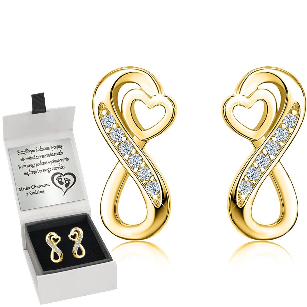 ZŁOTE KOLCZYKI NIESKOŃCZONOŚĆ SERCA 925 GRAWER