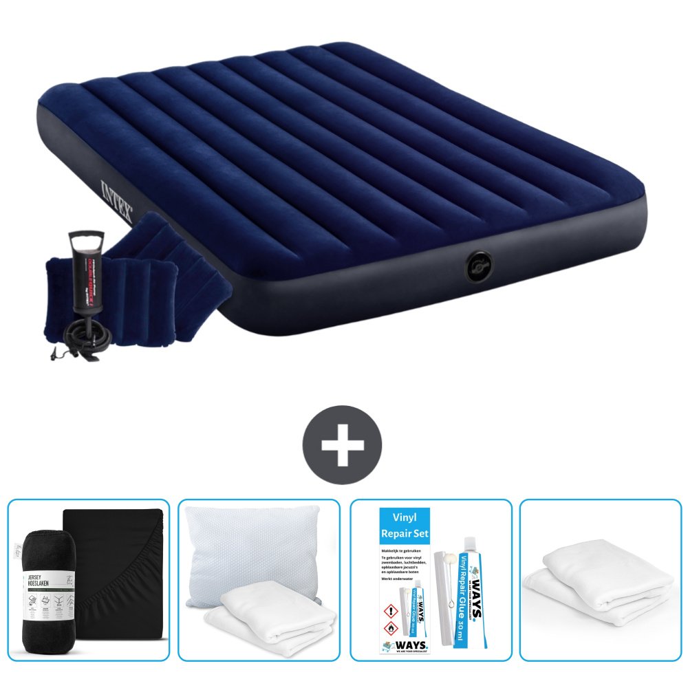 Łóżko powietrzne Intex - 2 osoby - 152 x 203 x 25 cm - Niebieskie - W zestawie pompka ręczna - poduszka - prześcieradło - buziak - zestaw naprawczy en ochraniacz na poduszkę
