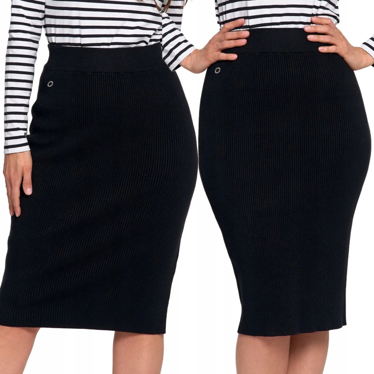 Spódnica Damska Midi W Prążek Ołówkowa Elegancka Wygodna Miękka Moraj S/M Black