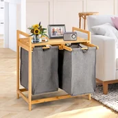 Kosze na bieliznę - COSTWAY 2-komorowy bambusowy kosz na pranie, sortownik prania z półką, wysuwany pojemnik na pranie, kosz na pranie do łazienki, salonu, sypialni, natury - miniaturka - grafika 1