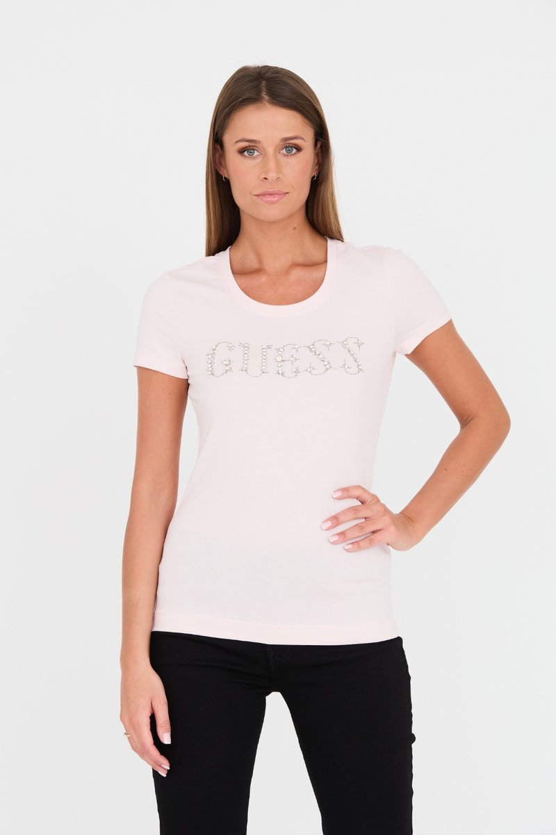 GUESS Różowy damski t-shirt bawełniany Stones Logo Tee XL