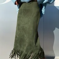 Spódnice - TEMU Elegancka Oliwkowa Spódnica Maksymalna z Frędzlami - Całoroczny Płynący (chwost) w Kształcie półokręgu, Pranie Maszynowe, Uniwersalne na Styl - miniaturka - grafika 1