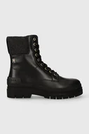 Botki damskie - Tommy Hilfiger botki skórzane FEMININE FELT LACE UP BOOTIE damskie kolor czarny na płaskim obcasie ocieplone FW0FW07500 - miniaturka - grafika 1