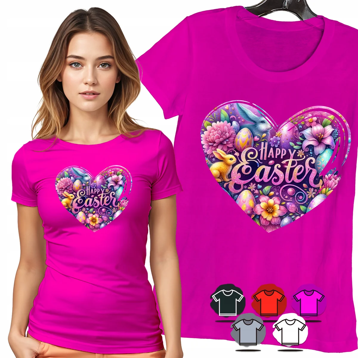 KOSZULKA DAMSKA T-SHIRT - HAPPY EASTER SERCE KRÓLIK PISANKI KWIATY - M