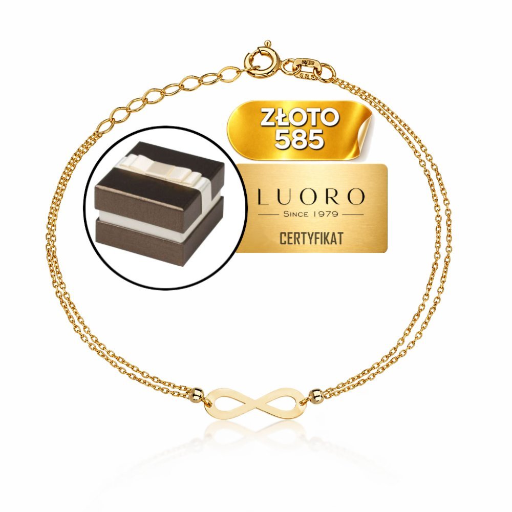 BRANSOLETKA ZŁOTA 585 14K ZNAK NIESKOŃCZONOŚCI PODWÓJNY ŁAŃCUSZEK 17-19 CM REGULOWANA