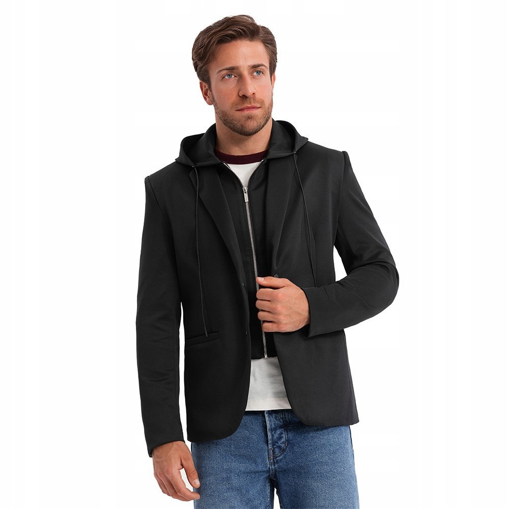 Męska marynarka z odpinaną podpinką i kapturem czarna V1 OM-BLZB-0126 XL